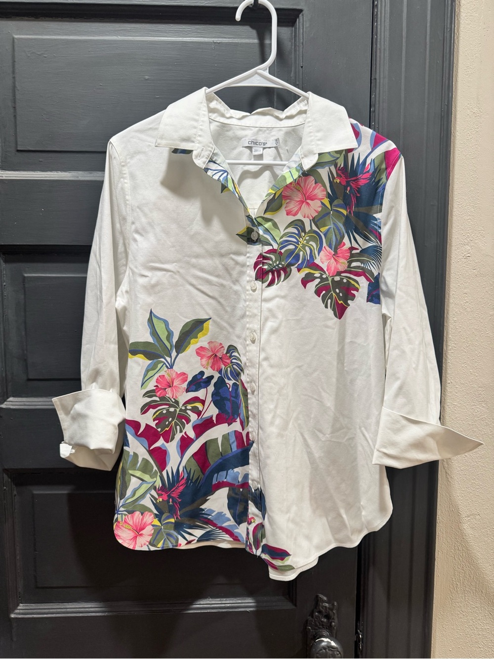 Chico's White tropical Floral Button-Down Shirt